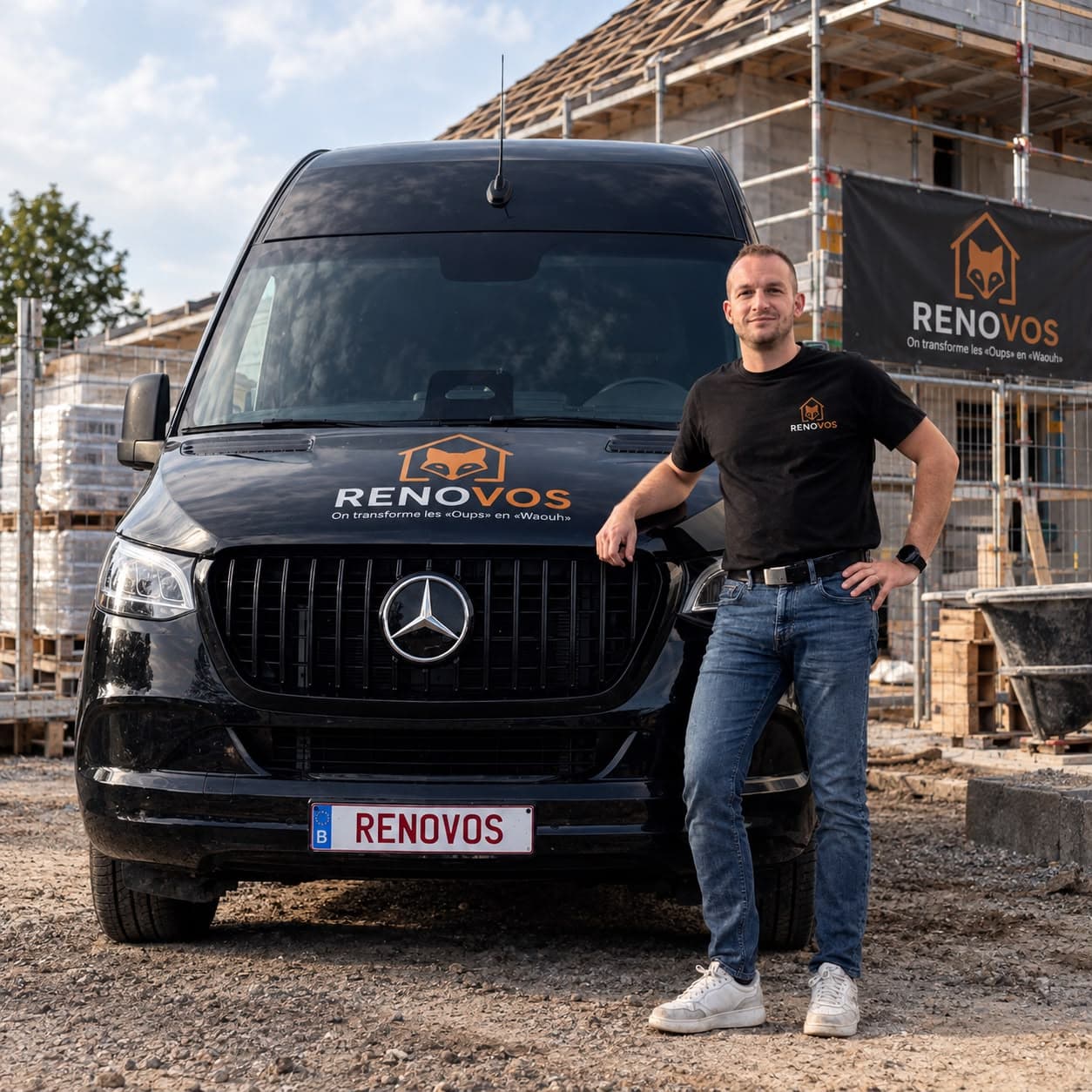 Le patron de Renovos devant sa camionnette, sur un chantier de construction